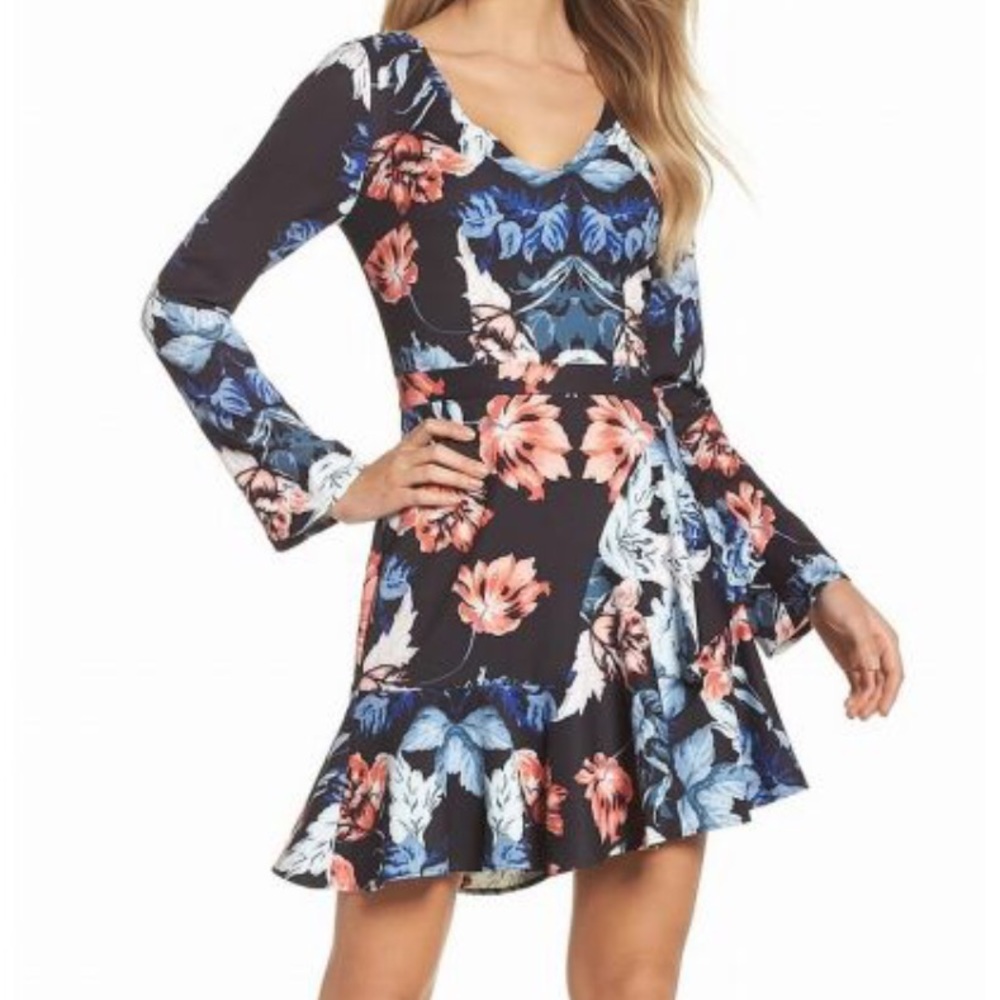 COOPER ST Black Blue Floral  Ruffled Hem Dress